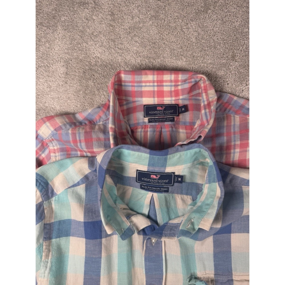 2 Vineyard Vines Mens M Button Up Plaid Slim Fit Crosby Long Sleeve Linen Blend